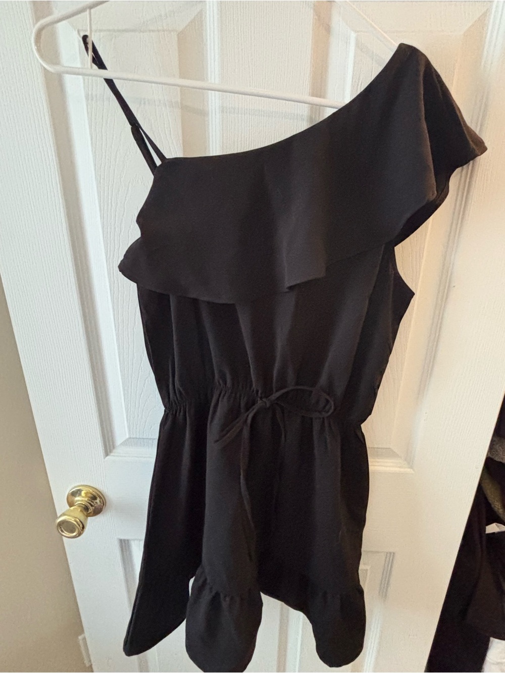 TCEC One-Shoulder Black Ruffle Tie-Waist Dress